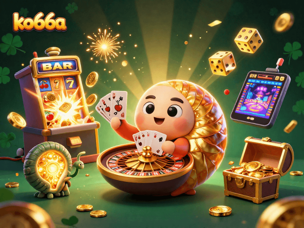 Experience the excitement of ko66a with a dynamic 3D casino scene featuring a giant nautilus roulette wheel.