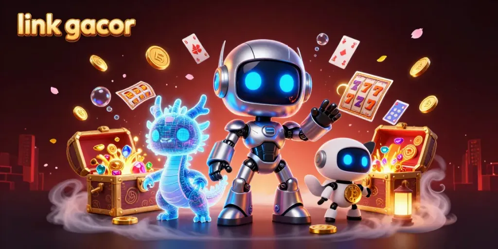 Engage in thrilling gameplay with link gacor, showcased by vibrant 3D casino elements and digital companions.