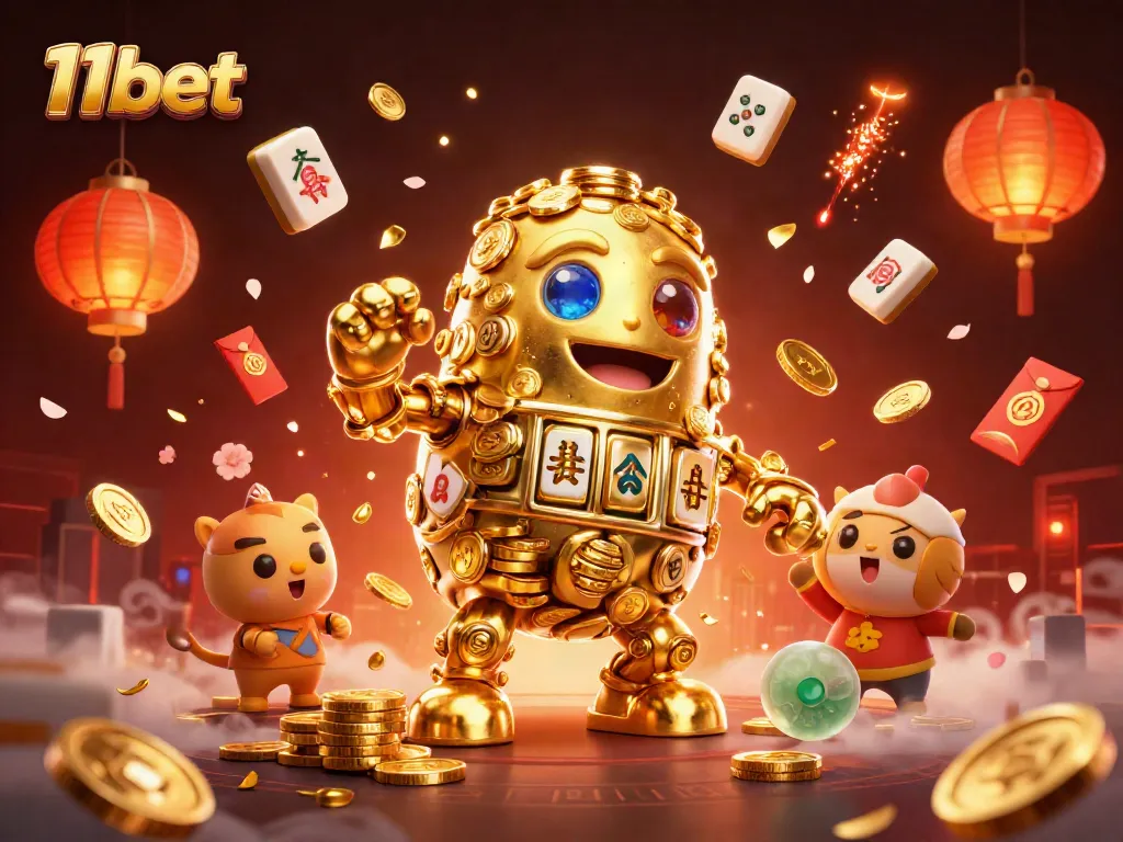 Experience thrilling action in 11bet's fantasy gaming world with a golden golem surrounded by festive elements.