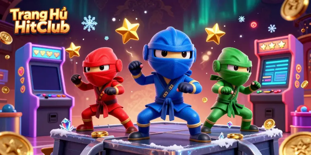 Experience the excitement at Trang Chủ HitClub with ninja chameleons showcasing synchronized martial arts amidst vibrant gaming elements.