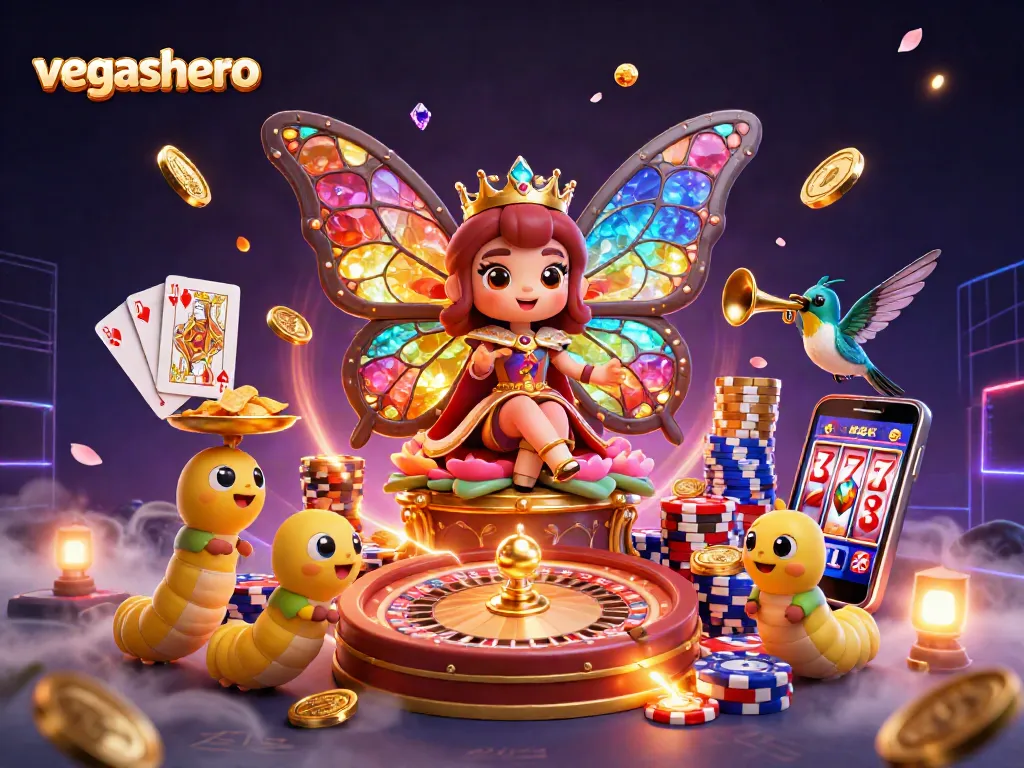 Experience the thrill of vegashero with vibrant 3D characters and casino elements illuminating a fantasy scene.