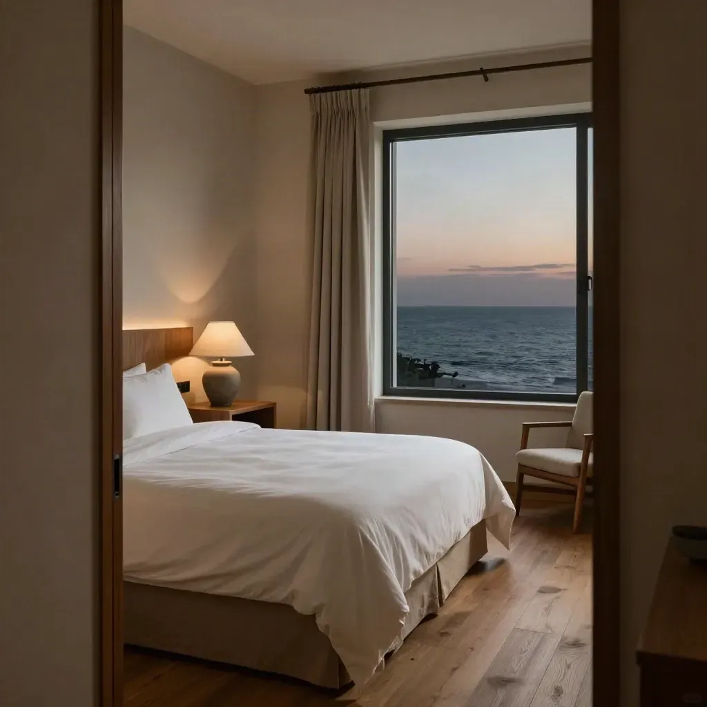Stille hotelkamer aan zee met opgemaakt bed, open gordijn en houten nachtkastje.