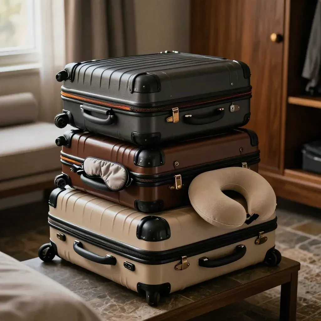 Drie gestapelde koffers met reisaccessoires in een rustige hotelkamer.