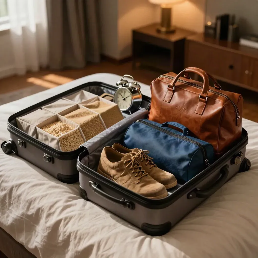 Open koffer met reisvakken, wandelschoenen, toilettas en tassen in een warme hotelsuite.