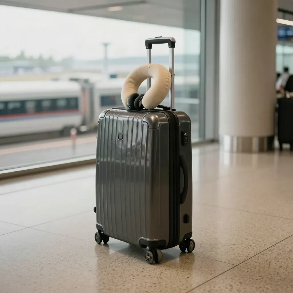 Een trolleykoffer met koptelefoon en nekkussen in een lichte gatewachtruimte aan het raam.