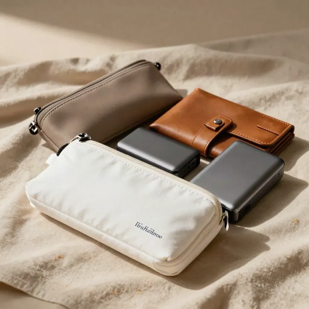 Reisverzekering-essentials op zachte katoenen stof met etui, brillenkoker, reisportemonnee en powerbank
