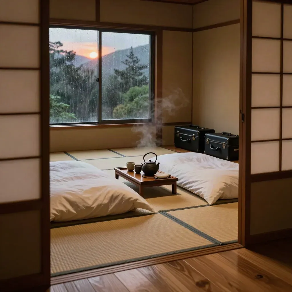 Serene ryokan-slaapkamer met futons, regen op glas en twee koffers bij de entree.