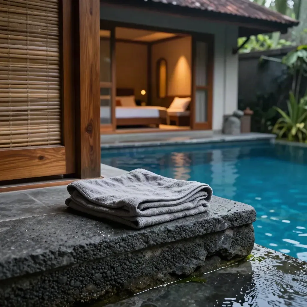 Macro van Balinese villa bij het zwembad met steen, linnen en teak