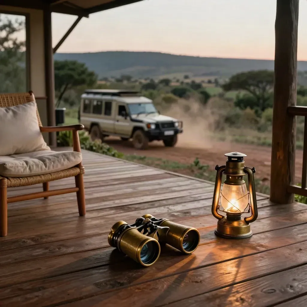 Safari-lodgedeck met verrekijkers, lantaarn, geweven stoel en jeep in de vallei.