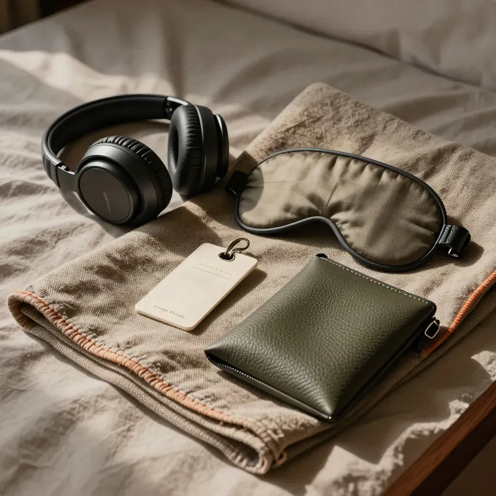 Reisset met koptelefoon, slaapmasker, room-key sleeve en reispouch op linnen in zacht licht.
