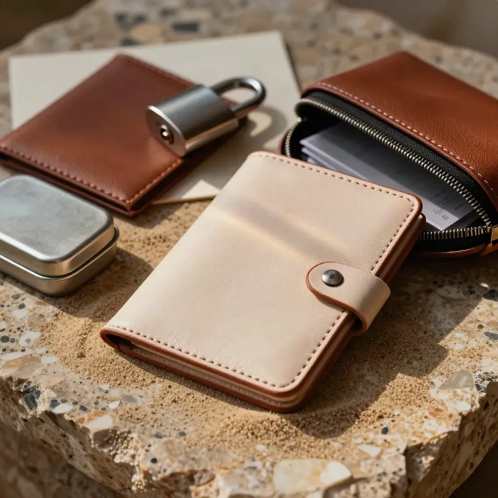 Premium reisveiligheidsset met paspoorthouder, reislot, RFID-wallet en documentpouch op steen.