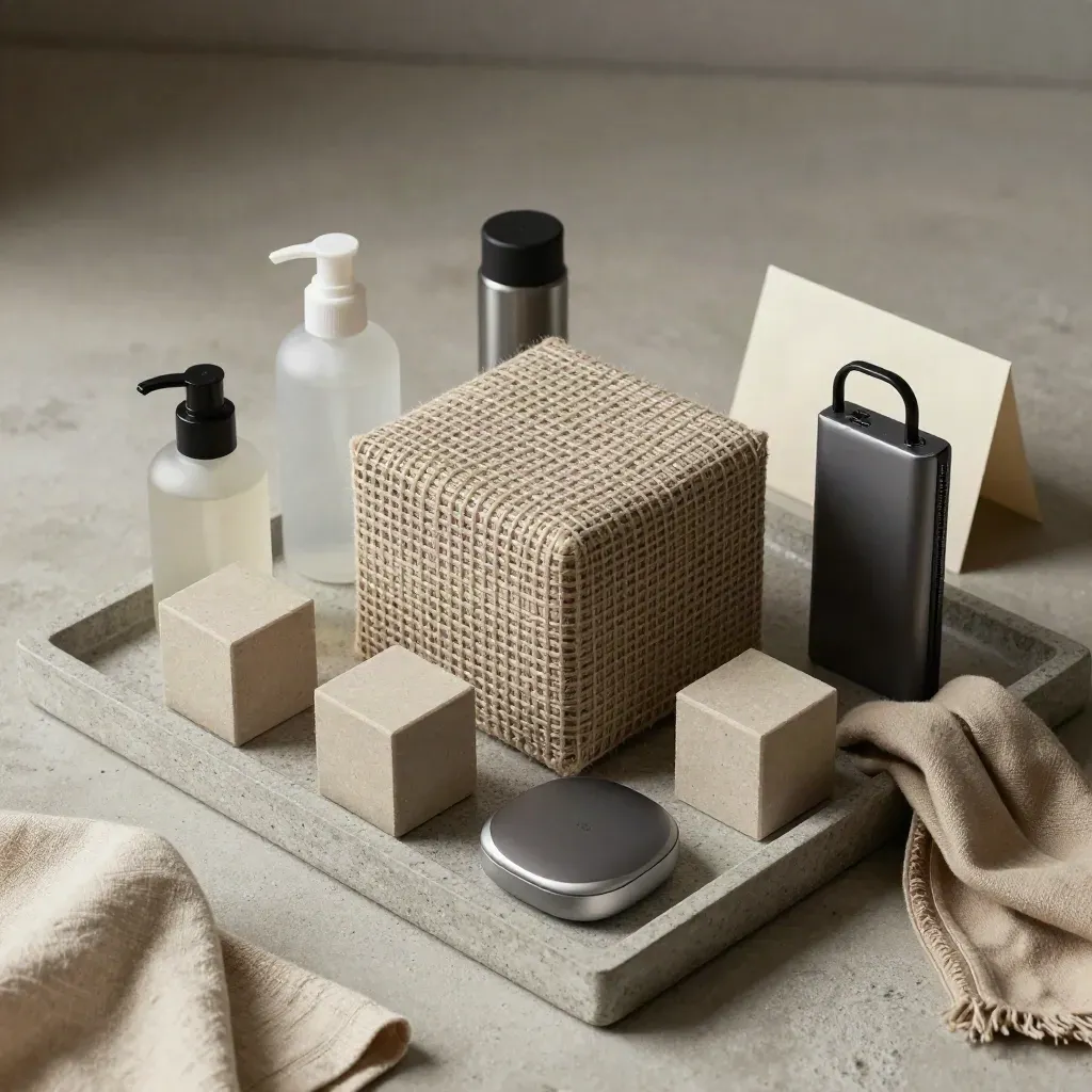 Packing cubes, flesjes, slotje, powerbank en sjaal op een stenen tray.