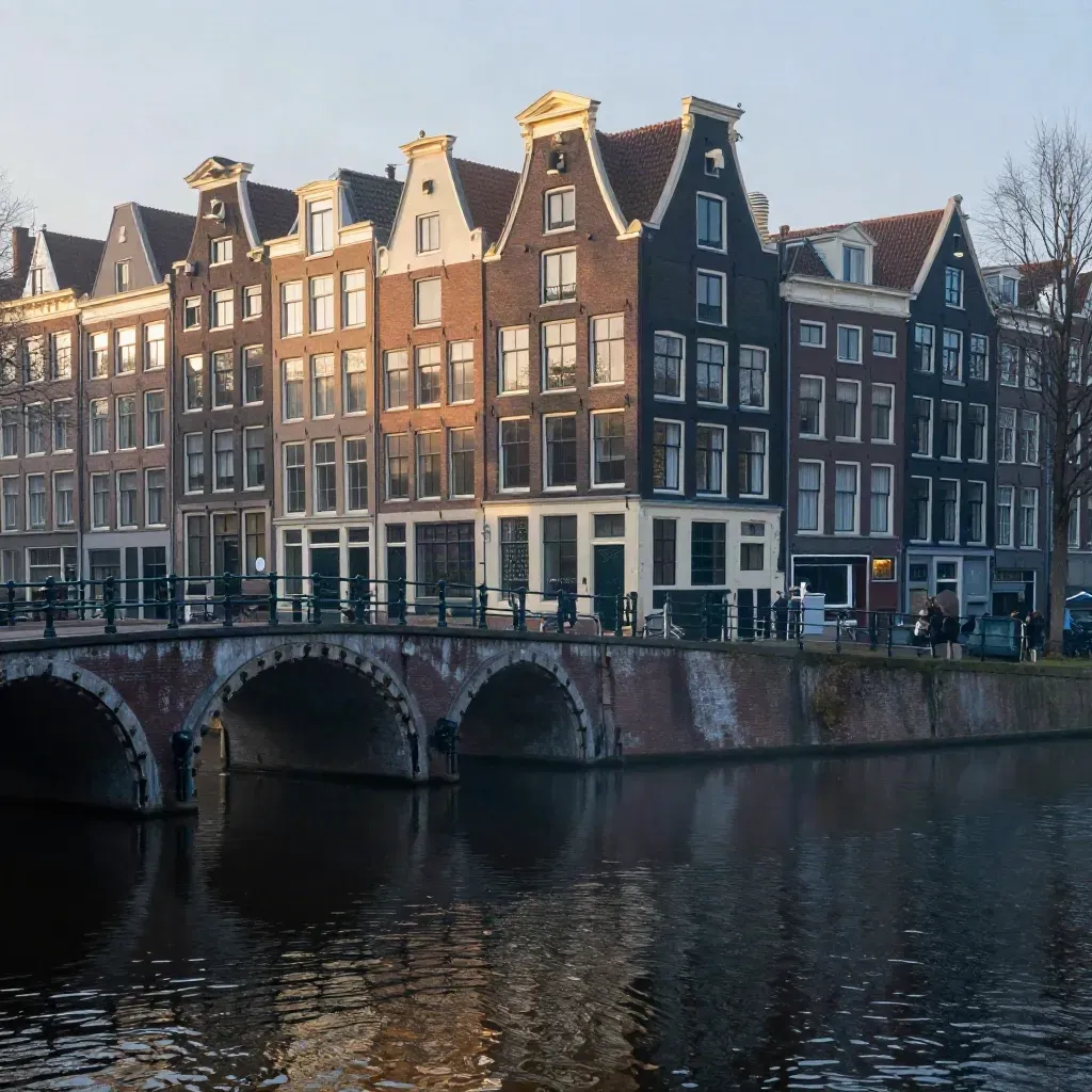 Amsterdamse grachtengordel met brug, gevels en mist boven rustig ochtendwater.