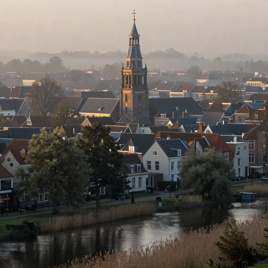 Domtoren boven nevelige singels en rustige daken in Utrecht bij ochtendlicht.