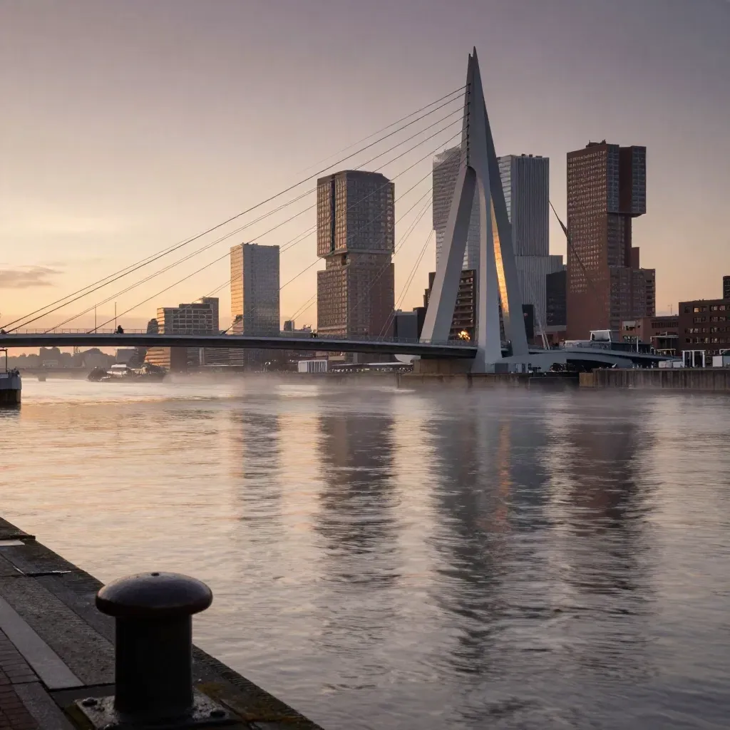 Rotterdam skyline met de Erasmusbrug boven rustig water in avondnevel