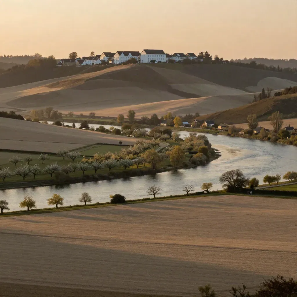 Brabant en Limburg in goud uur, met mergelgevels, rivierbocht en zachte heuvels in de mist.