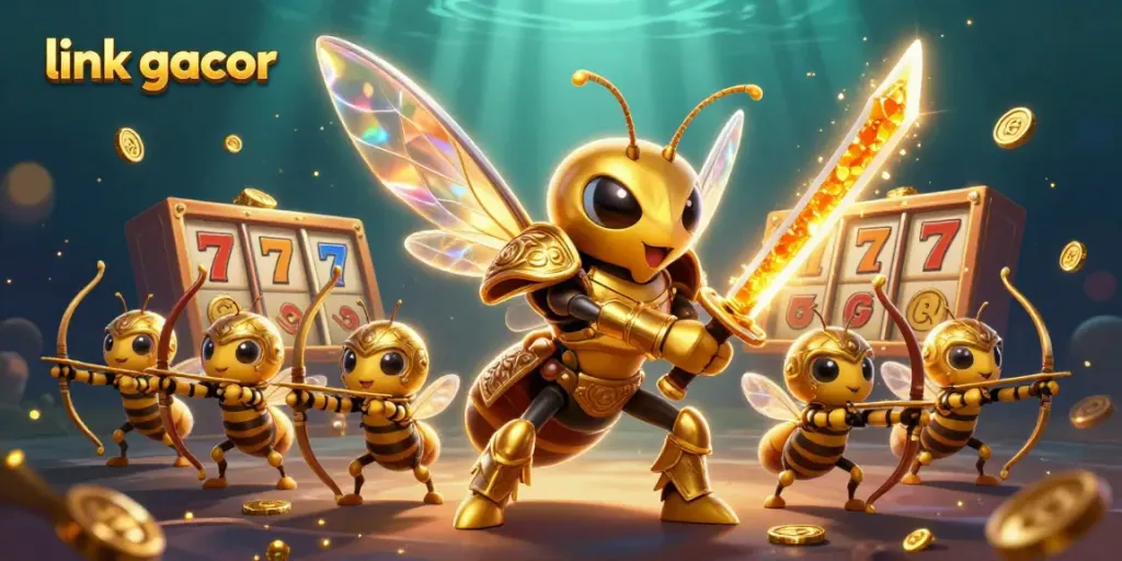 Experience link gacor excitement with dynamic 3D digital illustration showcasing slot reels, golden coins, and vibrant characters.