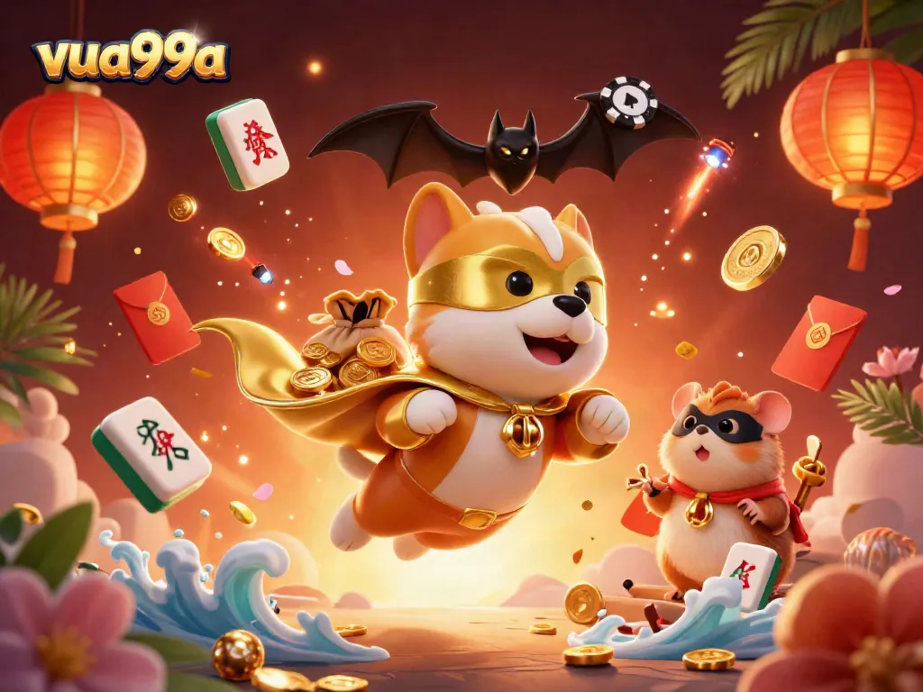 Experience exciting gameplay with the superhero dog and hamster representing vua99a in a vibrant casino scene.