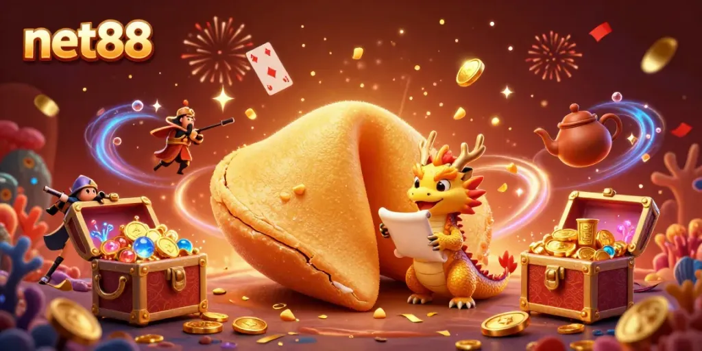 Experience diverse gaming excitement with net88's rich, vibrant representation of a golden fortune cookie and dynamic characters.