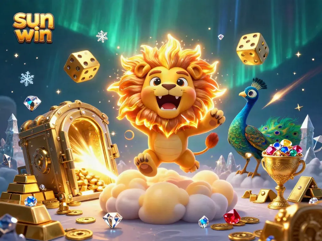 Engage with the sun win brand featuring a lion symbolizing victory amid dazzling treasures and excitement.