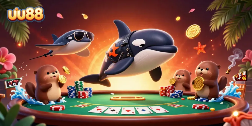 uu88 brings excitement with a dynamic scene featuring characters and vibrant casino elements.
