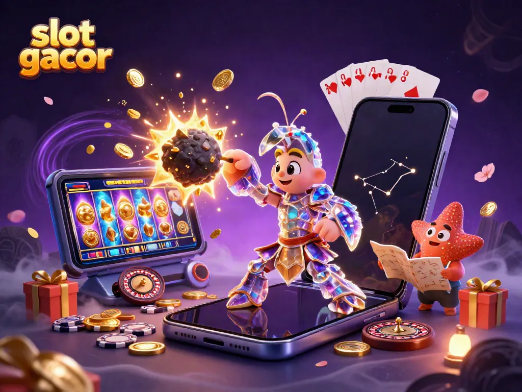 Engage in slot gacor gameplay as a galactic samurai mantis shrimp punches through asteroids, surrounded by vibrant casino elements.