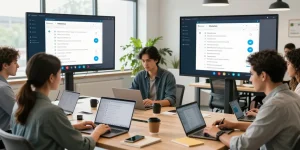 Professionals collaborating on Telegram Web Version in a modern workspace.