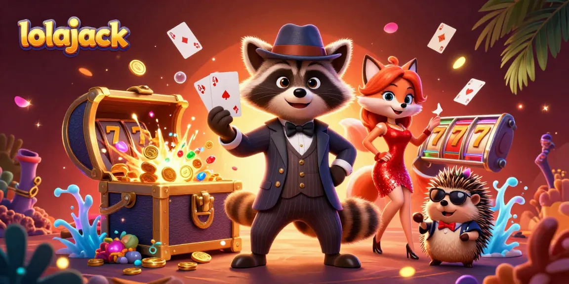 Win big with lolajack's vibrant casino scene featuring a suave raccoon and sparkling gems.