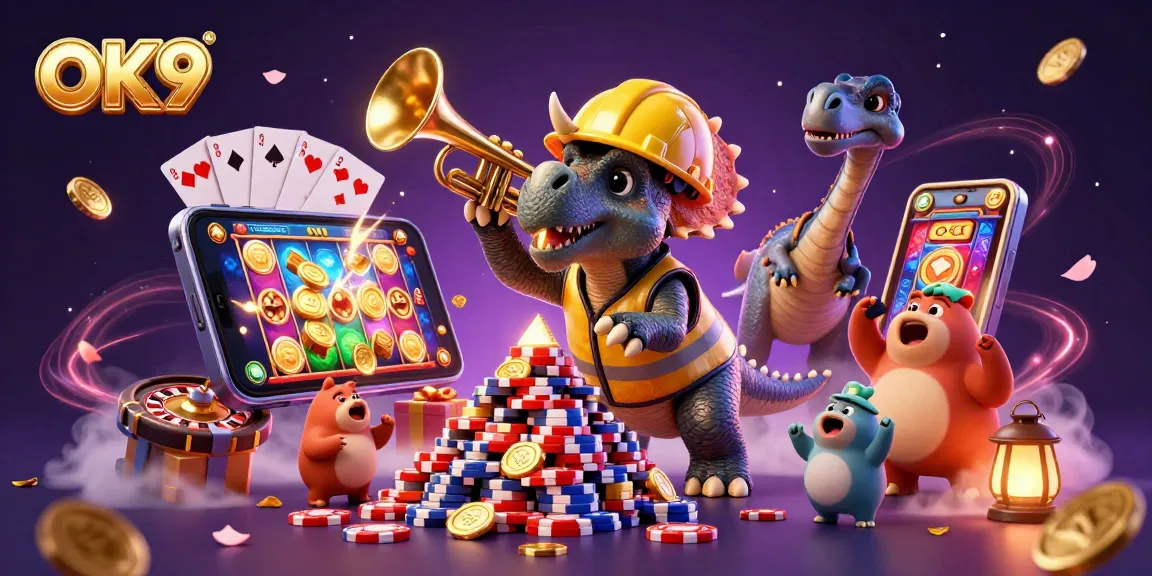 Join the excitement at OK9 with a triceratops celebrating a poker chip pyramid in a vibrant casino scene!