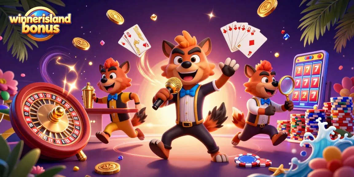 Experience the winnerisland bonus with hyenas entertaining at a vibrant casino scene filled with games and excitement.